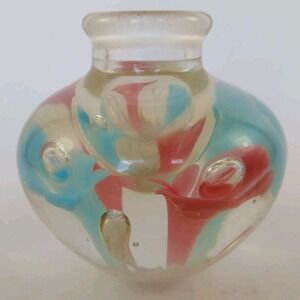 Art Glass Hand Blown Pink Blue Flowers Candlestick Candle Holder Paperweight Vtg